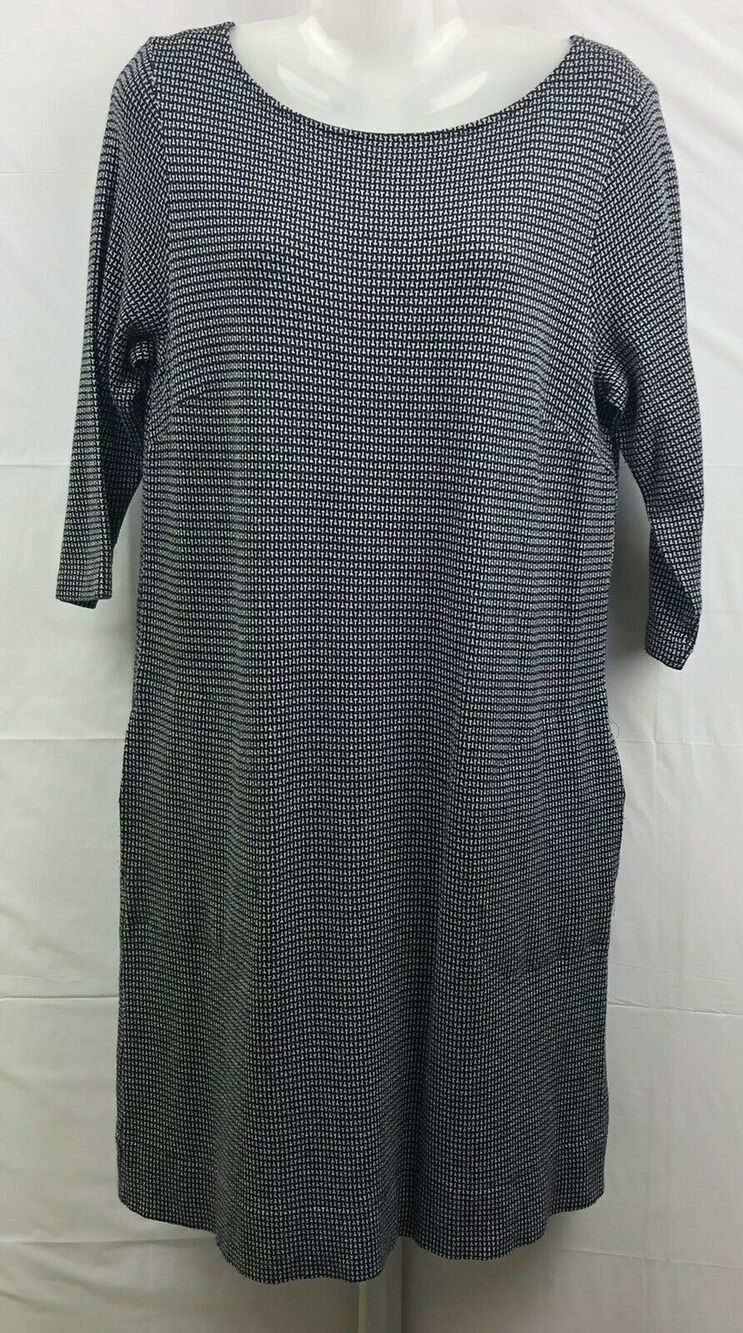 J Jill Ponte Dress Women Small Black White Print Stretch Knit 3/4 Sleeve Pockets